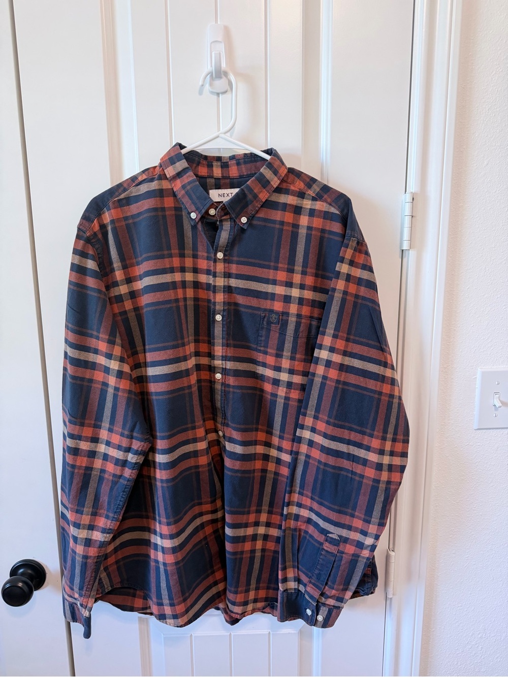 next Men's Navy and Rust Plaid Button-Up Shirt